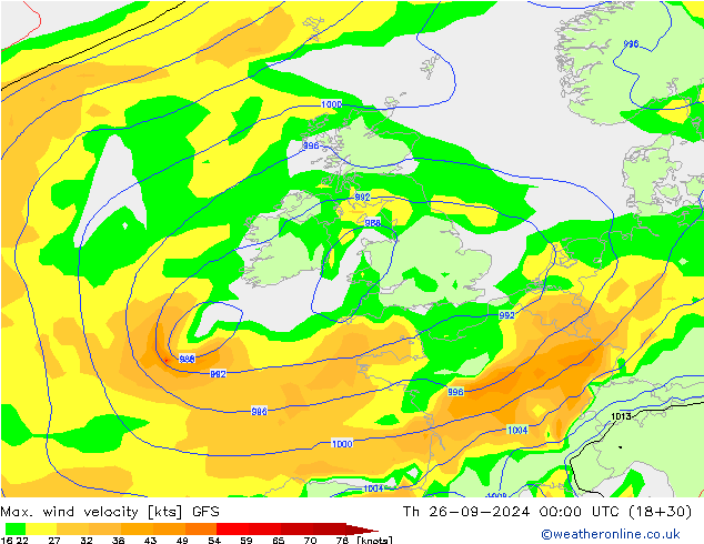 Max. wind snelheid GFS do 26.09.2024 00 UTC