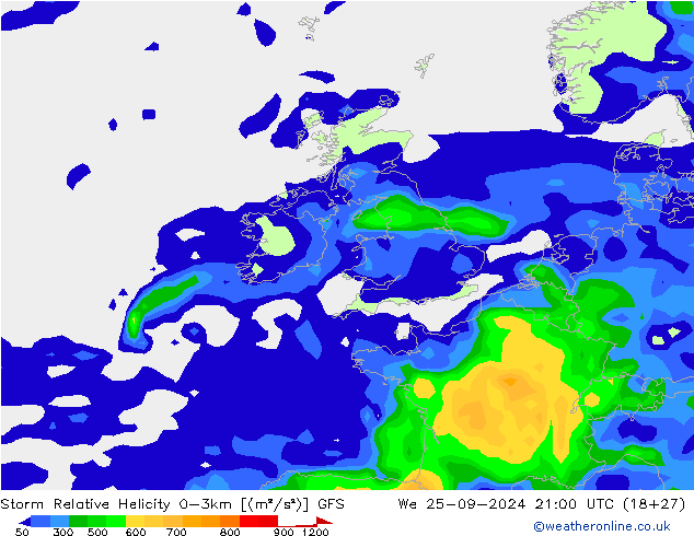 Storm Relative Helicity GFS We 25.09.2024 21 UTC