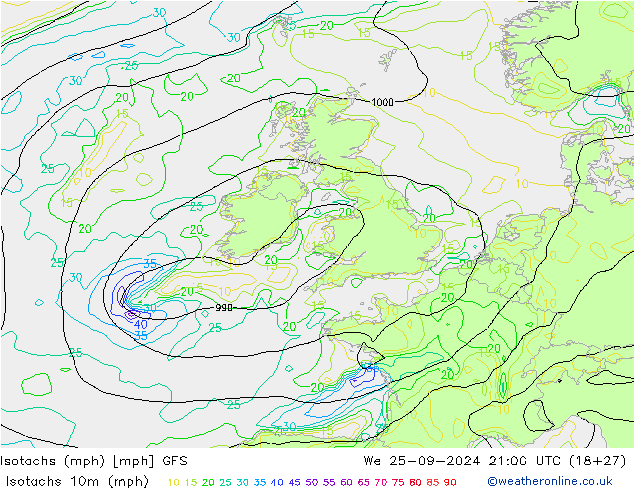 Isotachs (mph) GFS  25.09.2024 21 UTC