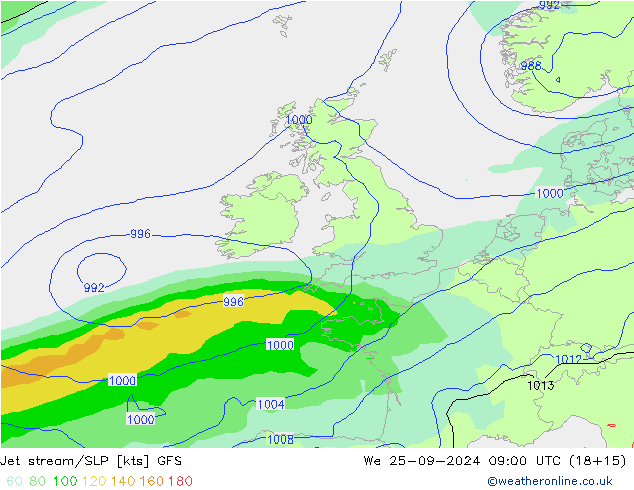 Corrente a getto GFS mer 25.09.2024 09 UTC