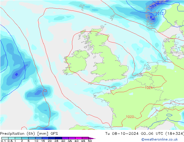 Z500/Rain (+SLP)/Z850 GFS Tu 08.10.2024 06 UTC