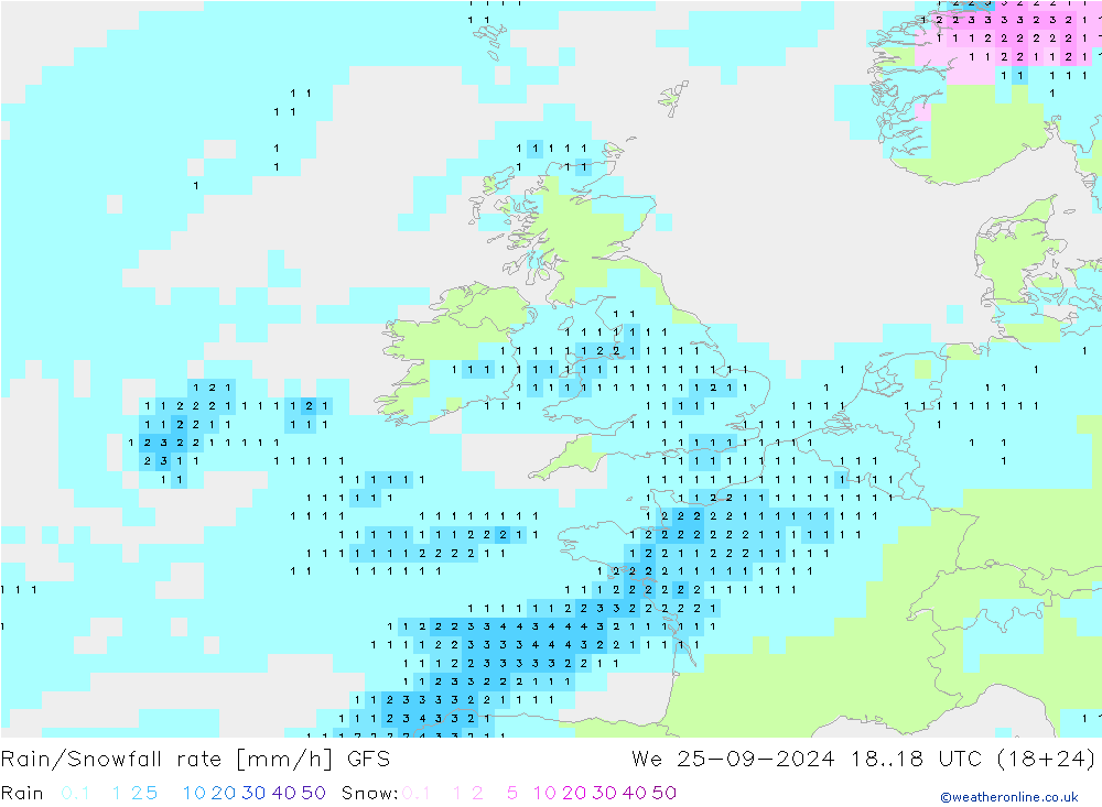 Rain/Snowfall rate GFS We 25.09.2024 18 UTC