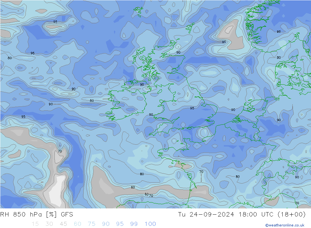 RH 850 hPa GFS wto. 24.09.2024 18 UTC