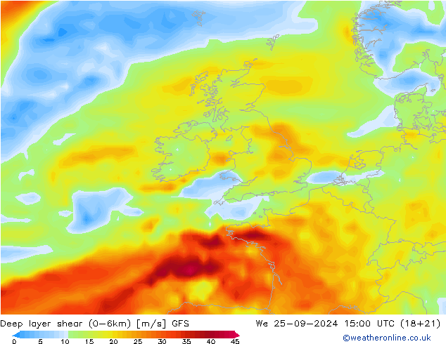 Deep layer shear (0-6km) GFS St 25.09.2024 15 UTC