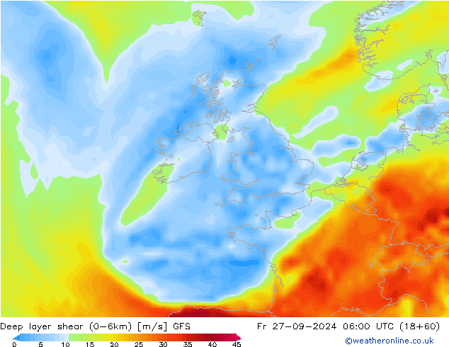 Deep layer shear (0-6km) GFS vr 27.09.2024 06 UTC