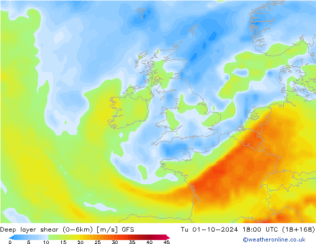 Deep layer shear (0-6km) GFS di 01.10.2024 18 UTC