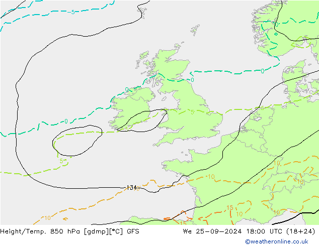 Geop./Temp. 850 hPa GFS mié 25.09.2024 18 UTC