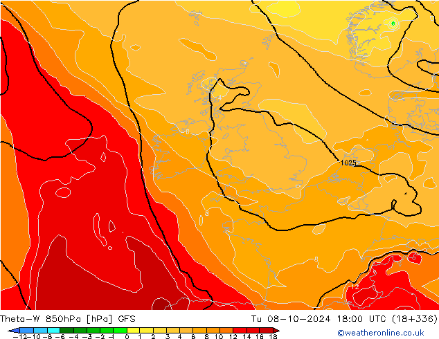 Theta-W 850hPa GFS Tu 08.10.2024 18 UTC