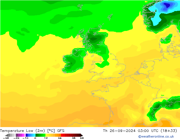 Min.temperatuur (2m) GFS do 26.09.2024 03 UTC