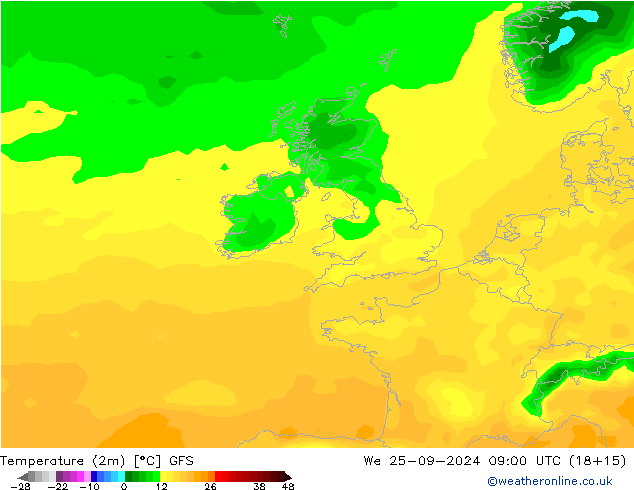 Temperatura (2m) GFS mer 25.09.2024 09 UTC