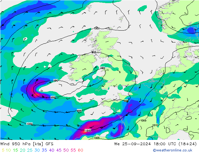ветер 950 гПа GFS ср 25.09.2024 18 UTC