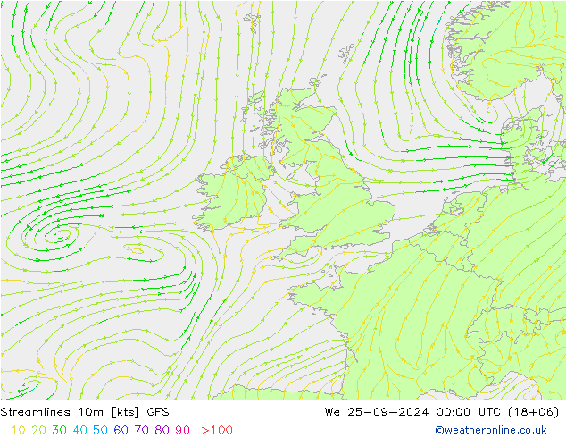 Streamlines 10m GFS St 25.09.2024 00 UTC