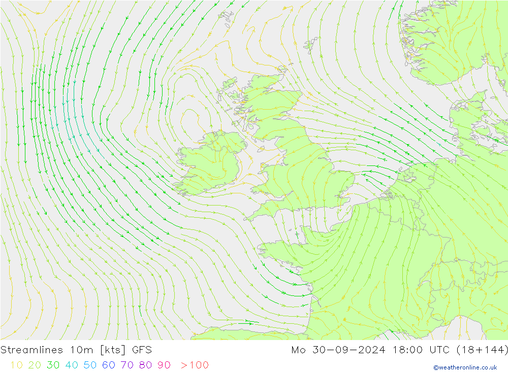 Linia prądu 10m GFS pon. 30.09.2024 18 UTC