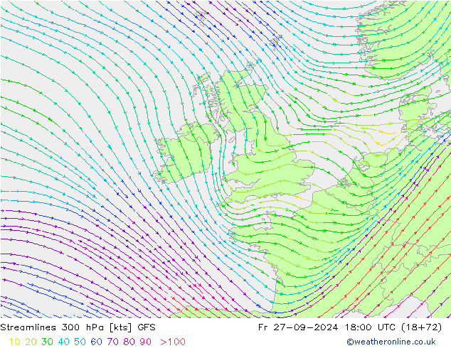 Streamlines 300 hPa GFS Fr 27.09.2024 18 UTC