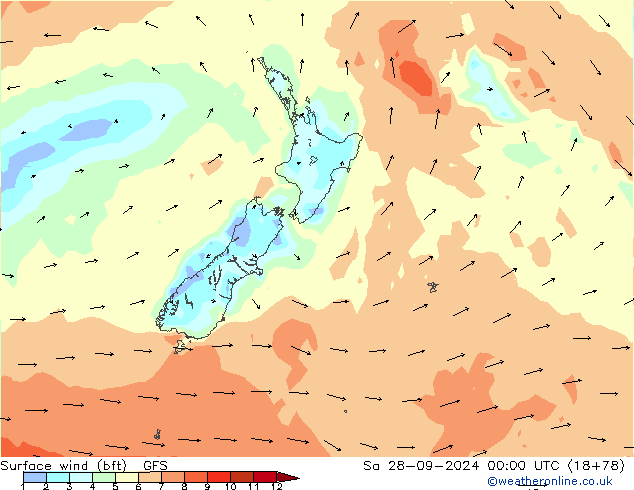 Surface wind (bft) GFS Sa 28.09.2024 00 UTC