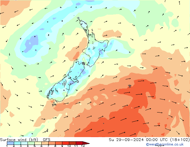 Surface wind (bft) GFS Su 29.09.2024 00 UTC