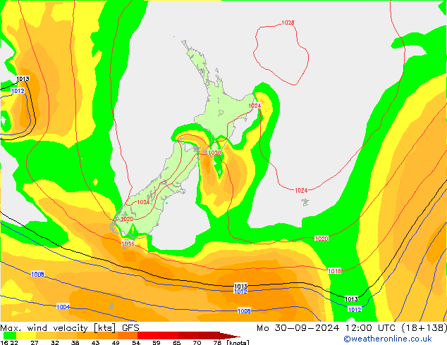 Max. wind velocity GFS pon. 30.09.2024 12 UTC