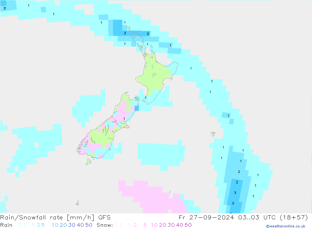 Rain/Snowfall rate GFS ven 27.09.2024 03 UTC