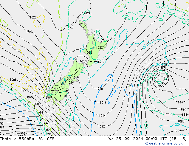 Theta-e 850hPa GFS śro. 25.09.2024 09 UTC