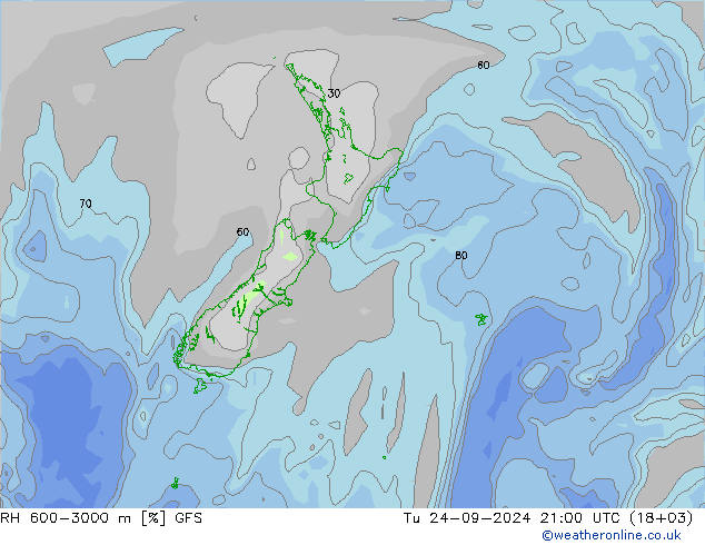 RH 600-3000 m GFS Tu 24.09.2024 21 UTC