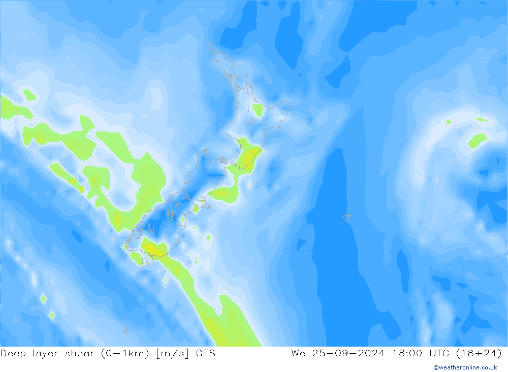 Deep layer shear (0-1km) GFS We 25.09.2024 18 UTC