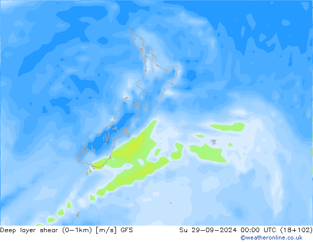 Deep layer shear (0-1km) GFS Paz 29.09.2024 00 UTC