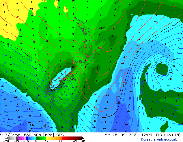 SLP/Temp. 850 hPa GFS mié 25.09.2024 12 UTC