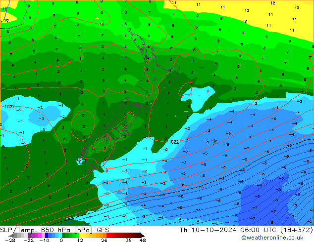 SLP/Temp. 850 гПа GFS чт 10.10.2024 06 UTC