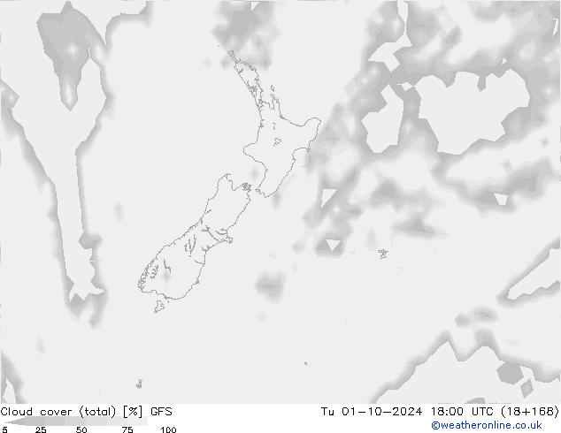 Cloud cover (total) GFS Tu 01.10.2024 18 UTC