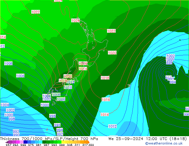 Thck 700-1000 hPa GFS mer 25.09.2024 12 UTC