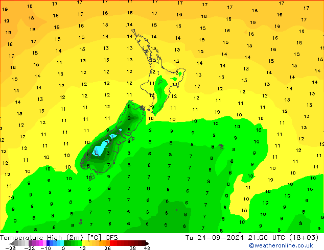 Temperature High (2m) GFS Tu 24.09.2024 21 UTC