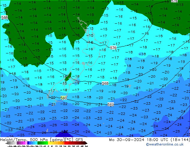 Hoogte/Temp. 500 hPa GFS ma 30.09.2024 18 UTC