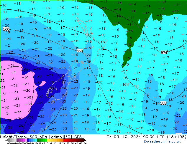 Z500/Rain (+SLP)/Z850 GFS чт 03.10.2024 00 UTC