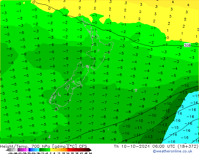 Height/Temp. 700 hPa GFS czw. 10.10.2024 06 UTC