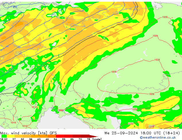 Max. wind velocity GFS We 25.09.2024 18 UTC