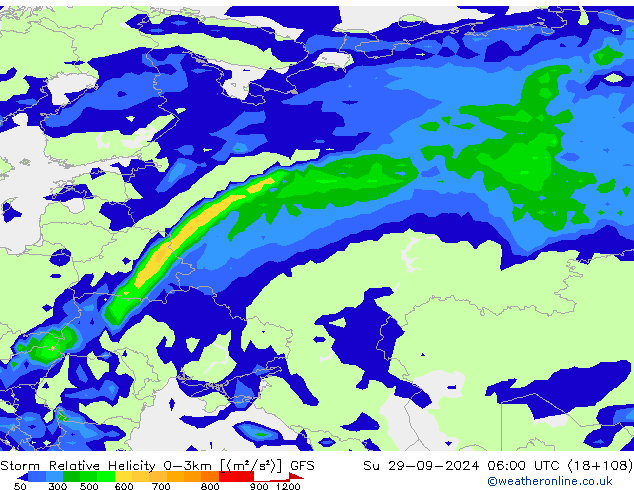 Storm Relative Helicity GFS Su 29.09.2024 06 UTC