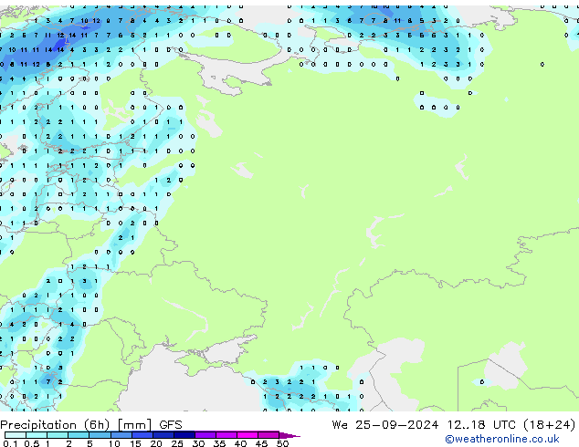 Precipitation (6h) GFS We 25.09.2024 18 UTC