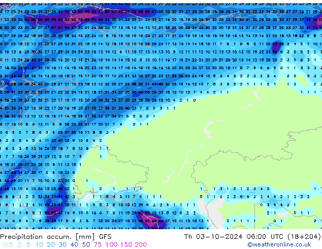 Precipitation accum. GFS чт 03.10.2024 06 UTC