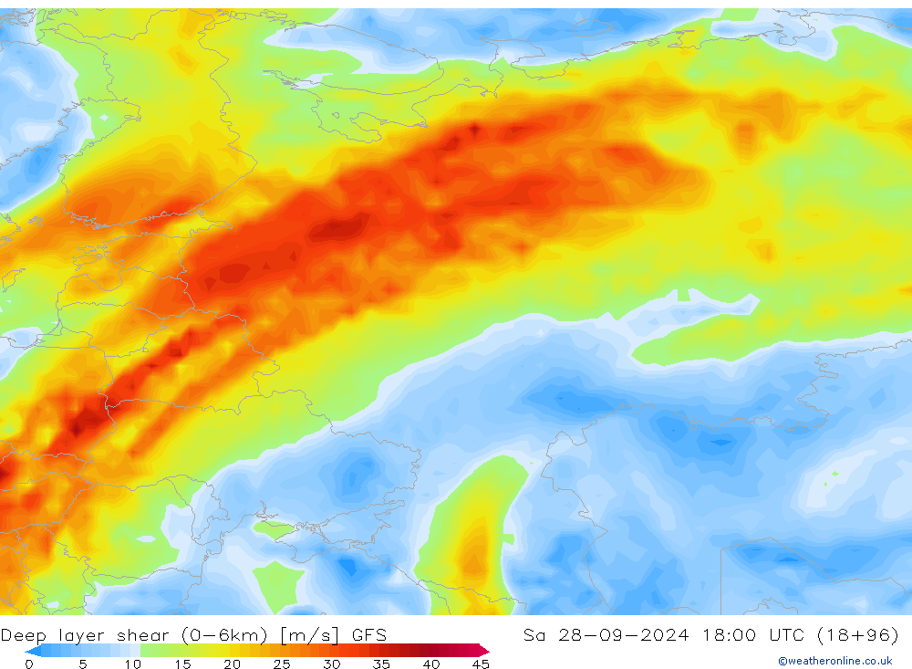 Deep layer shear (0-6km) GFS So 28.09.2024 18 UTC