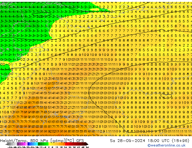 Z500/Rain (+SLP)/Z850 GFS Sáb 28.09.2024 18 UTC