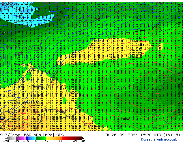 SLP/Temp. 850 hPa GFS do 26.09.2024 18 UTC