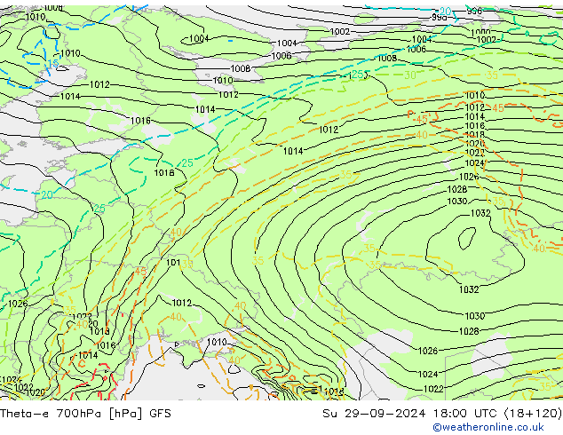 Theta-e 700hPa GFS Paz 29.09.2024 18 UTC