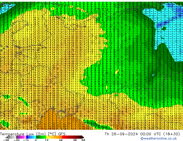 Temperature Low (2m) GFS Th 26.09.2024 00 UTC