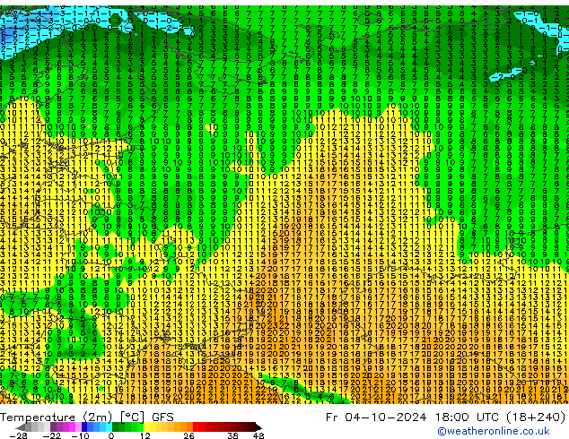 Temperatura (2m) GFS vie 04.10.2024 18 UTC