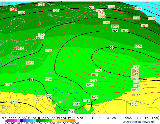 Thck 500-1000гПа GFS вт 01.10.2024 18 UTC