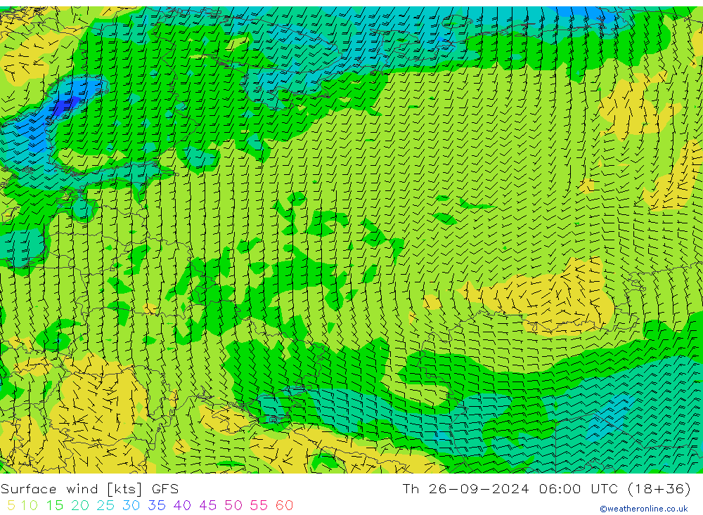 Vento 10 m GFS gio 26.09.2024 06 UTC