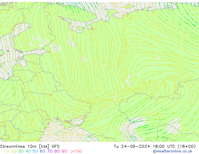 Streamlines 10m GFS Út 24.09.2024 18 UTC