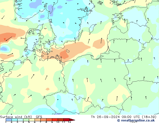 wiatr 10 m (bft) GFS czw. 26.09.2024 09 UTC