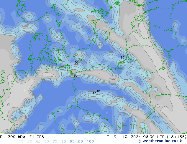 Humidité rel. 300 hPa GFS mar 01.10.2024 06 UTC