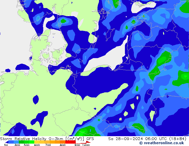 Storm Relative Helicity GFS сб 28.09.2024 06 UTC